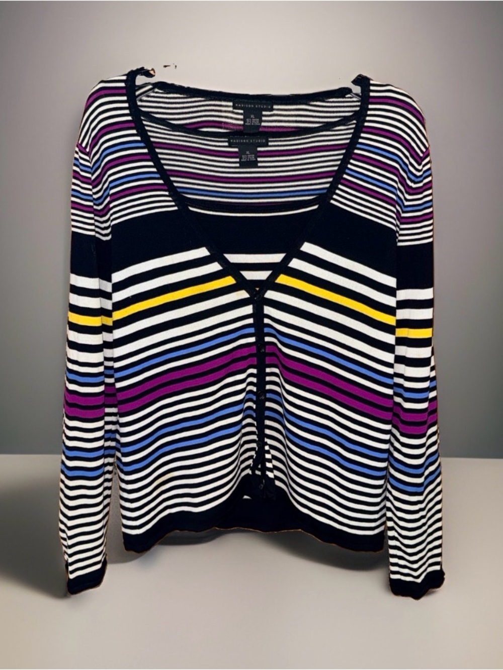 Madison Studio Women’s Multi Striped V-Neck LS Cardigan & Sq Neck Tank Set-XL-EC